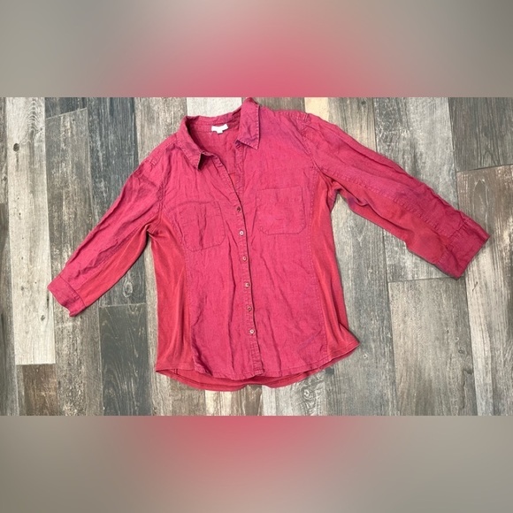 Eileen Fisher Womens Irish Linen Button-Up Shirt Coral Roll-Tab Sleeves Sz M - Picture 3 of 10